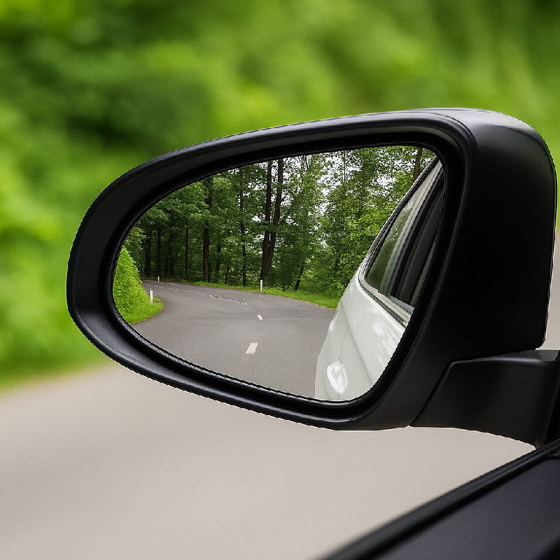 司机通过侧方后视镜观察后面的道路。