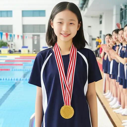 她是我们学校游泳比赛的冠军。