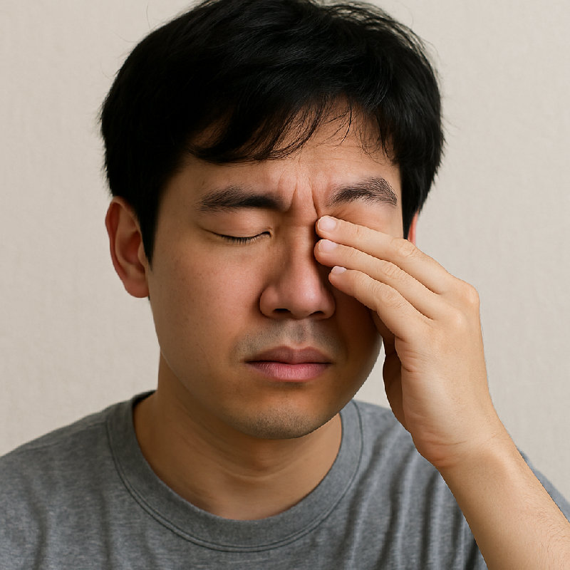 他揉了揉眼皮，因为眼睛痒。