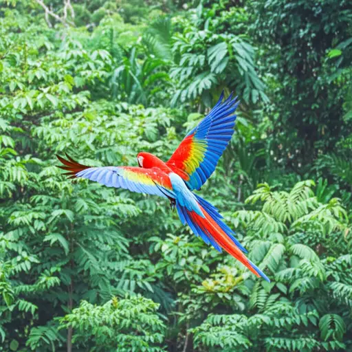 我们在丛林里看到一只鹦鹉在野外飞翔。