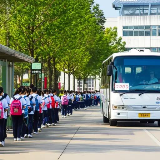 每天早上都有很多学生乘坐公交车去学校。