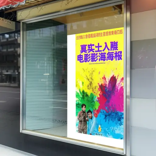 看！商店橱窗里有一张新电影的海报。