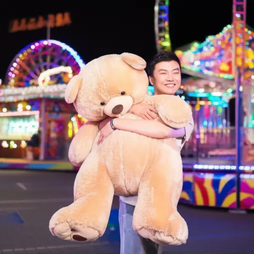 我在游乐场的一个游戏摊位上赢了这个巨大的泰迪熊。