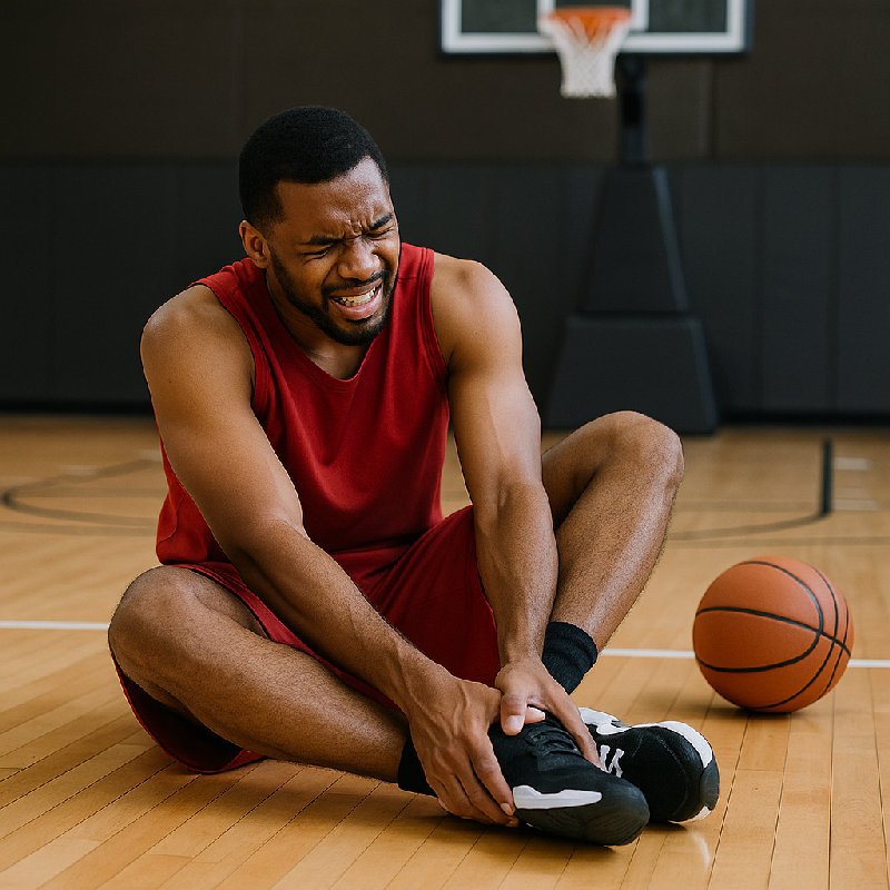 他在打篮球时扭伤了脚踝。