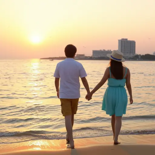 那对幸福的情侣去度了一个浪漫的假。