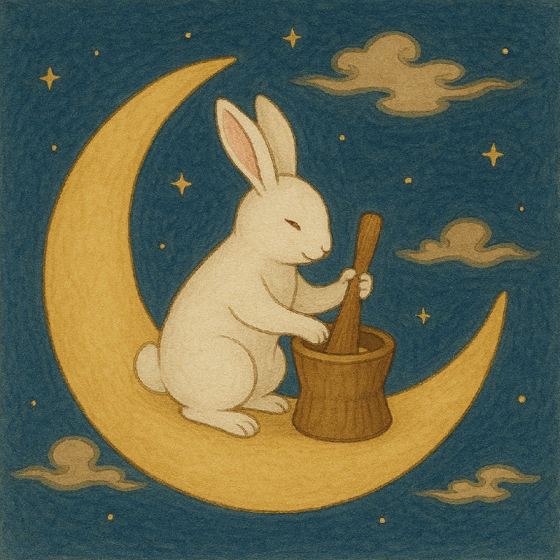 传说玉兔在月亮上不断地捣药。