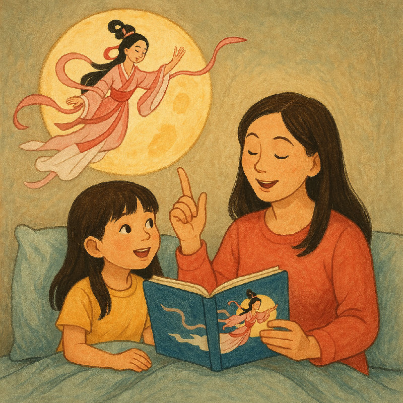 妈妈正在讲述嫦娥奔月的故事。