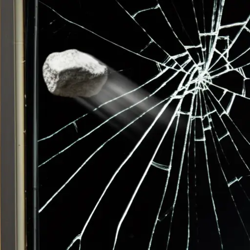 一块石头击中了窗户，玻璃裂了。