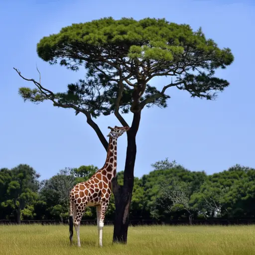 长颈鹿伸长脖子去够树顶的叶子。