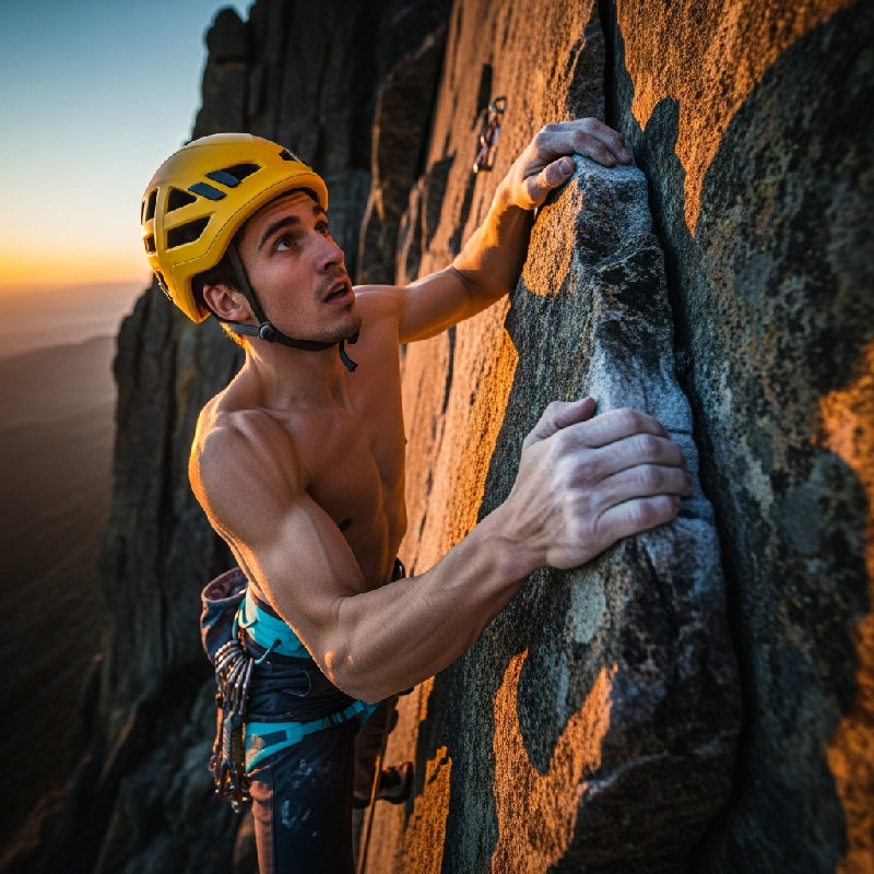 登山者牢牢抓住岩石以防坠落。