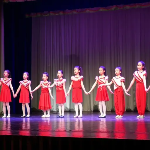 孩子们在舞台上唱歌跳舞。