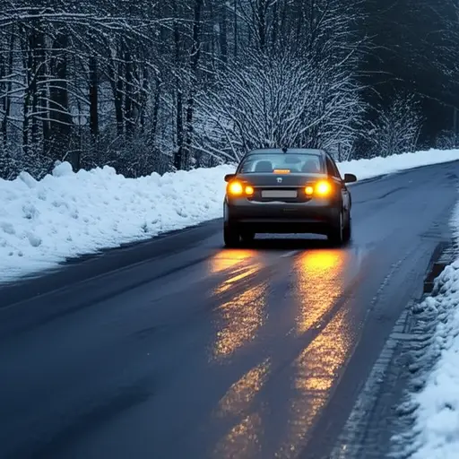道路结冰时，开车要小心。