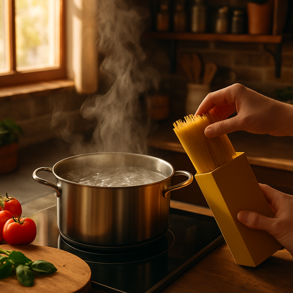 请先把水烧开，再放入意大利面。