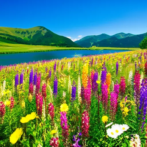 这片风景很美，有一个湖和许多鲜花。