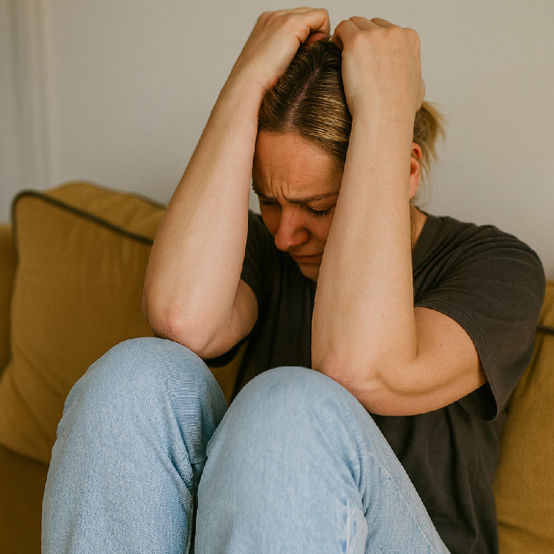 她痛苦地用手抱住头。