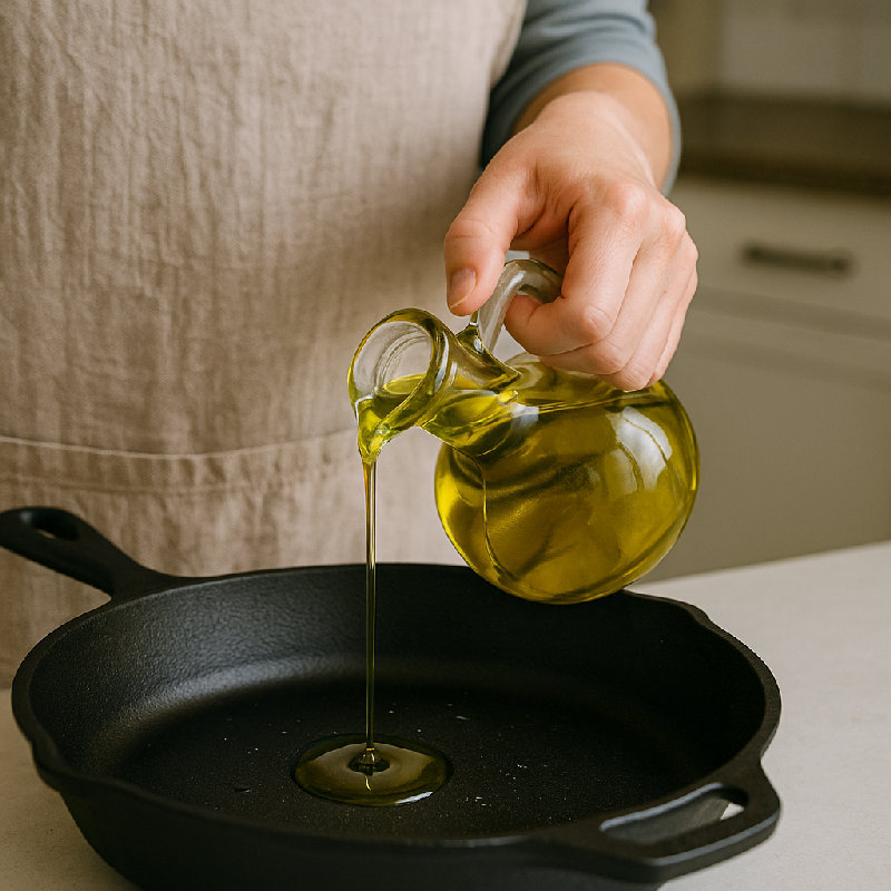 请把橄榄油倒入平底锅中。 