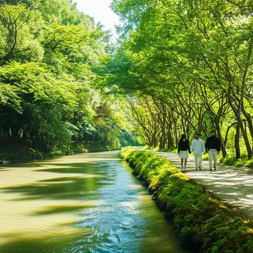 我们沿着河边散步。