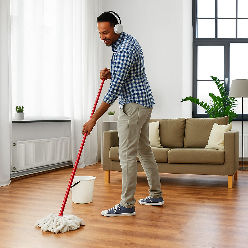 他正在用拖把拖地。