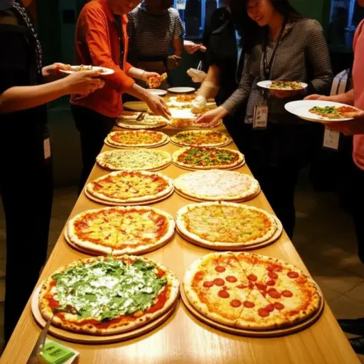 在这家餐厅，桌子上有各种披萨，你可以挑任何你想要的披萨。