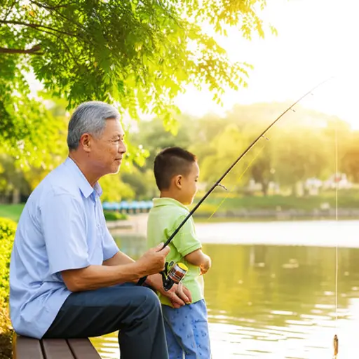 我爷爷周末会带我去公园钓鱼。