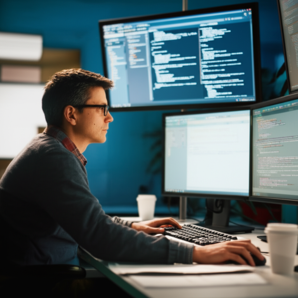 深夜，他还在办公室加班工作。