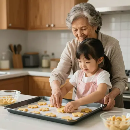 奶奶经常和她的小孙女一起烤饼干。