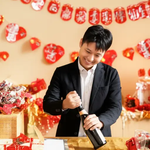 他开了一瓶香槟来庆祝新年。