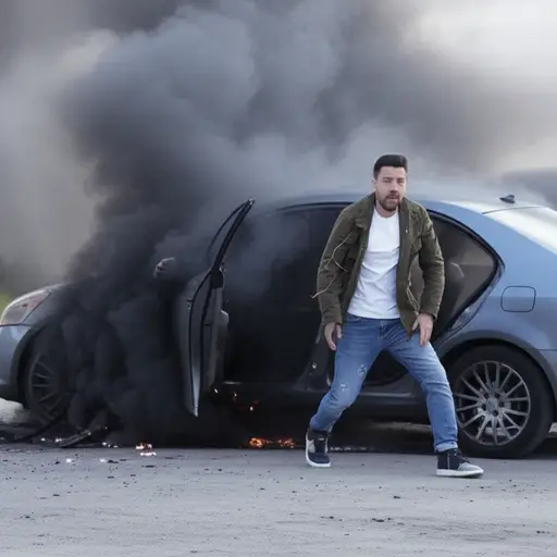 一个男人从燃烧的汽车中摇摇晃晃地走出来。