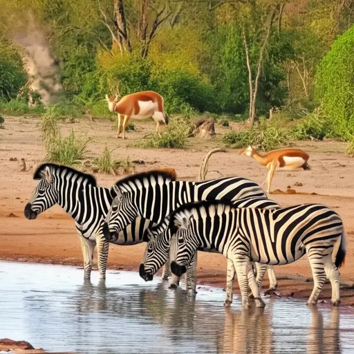 动物们来到水坑边喝水。