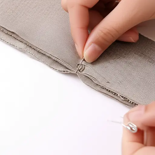 在缝合之前，她用一枚别针把两块布料固定在一起。