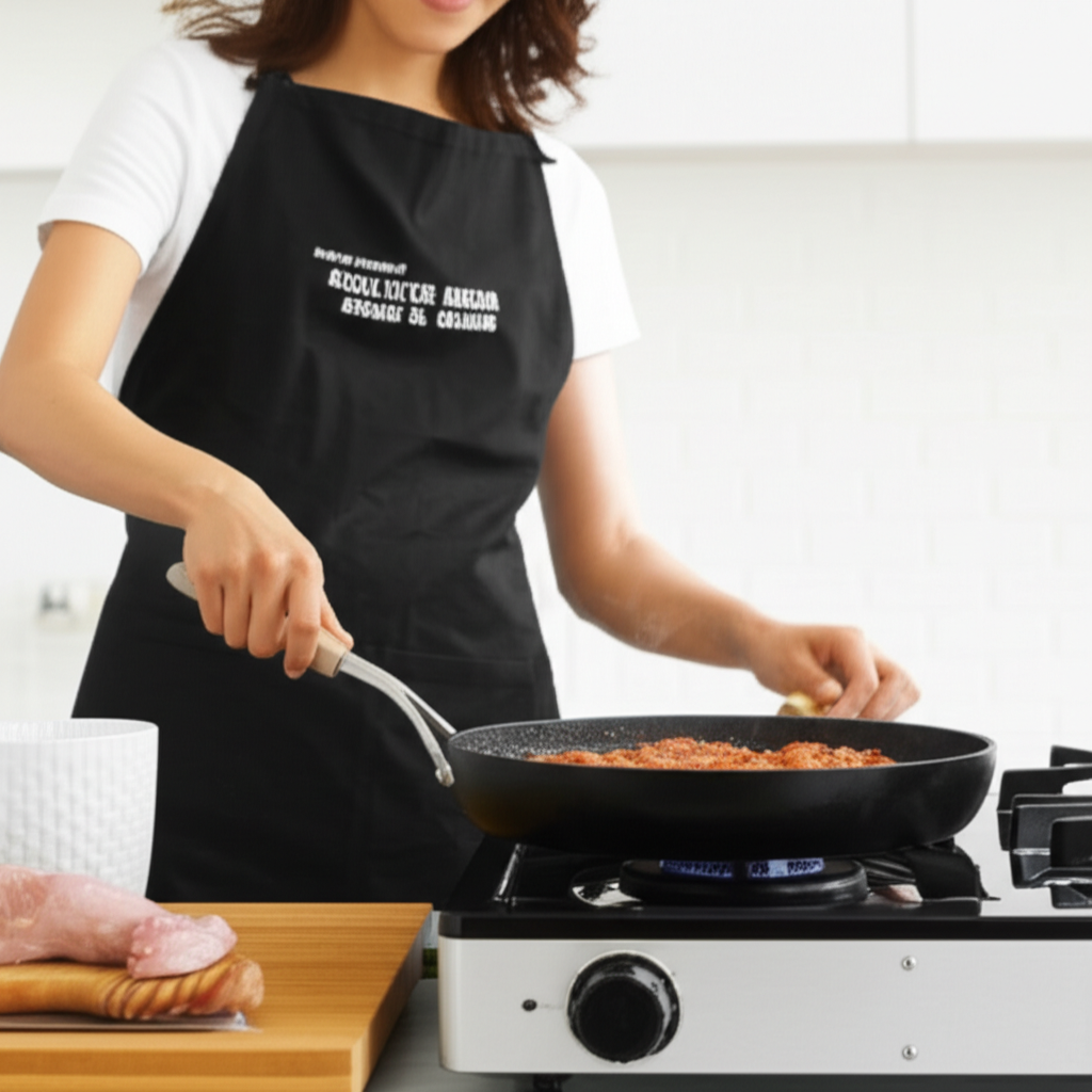 她正在锅里煎鸡肉。