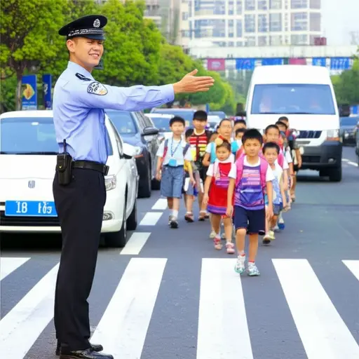 警察帮助孩子们安全过马路。