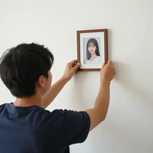 他正在取下劳拉的照片。