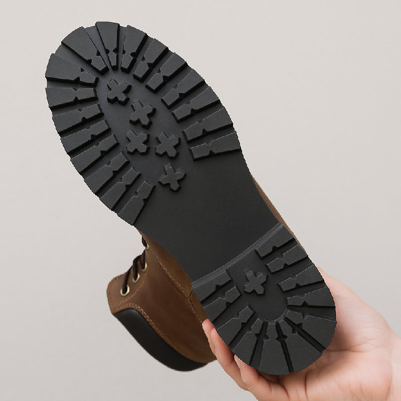 这双靴子有厚厚的橡胶鞋底。