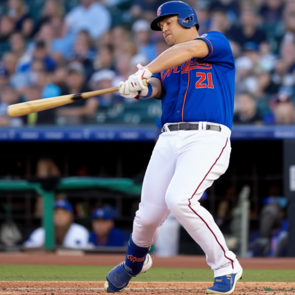 棒球运动员用力挥棒击球。