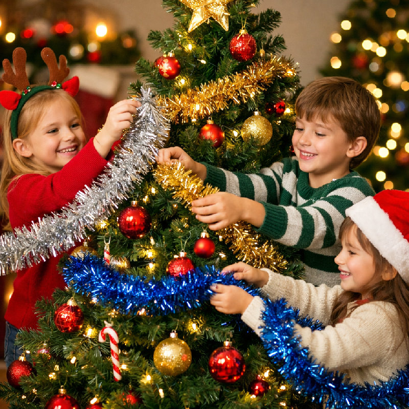 孩子们喜欢把闪亮的装饰条挂在圣诞树上。