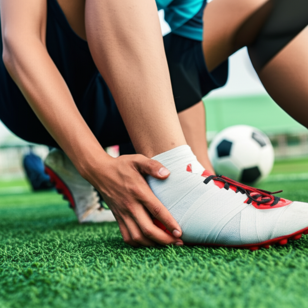 他昨天在足球训练时扭伤了脚踝。