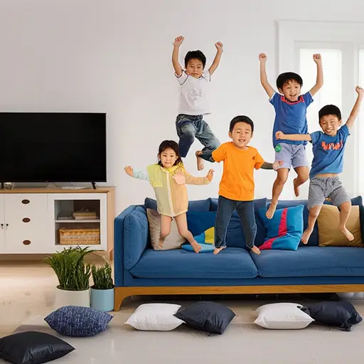 孩子们在新买的沙发上跳来跳去。