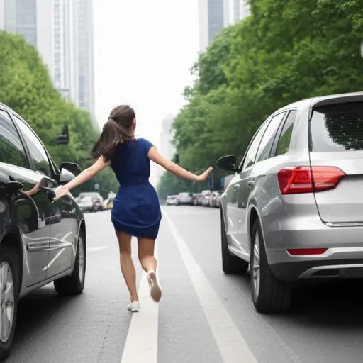 她从停放的汽车之间挤过去，跑到了路上。