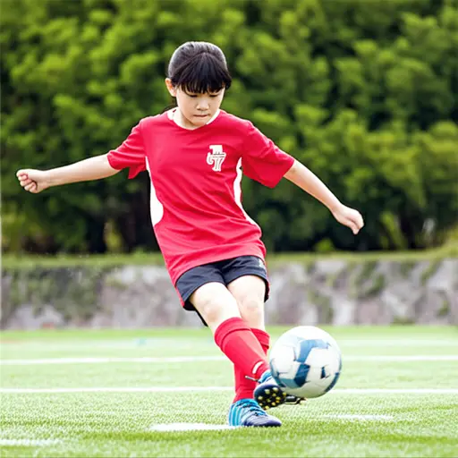 她尽可能地用力踢球。