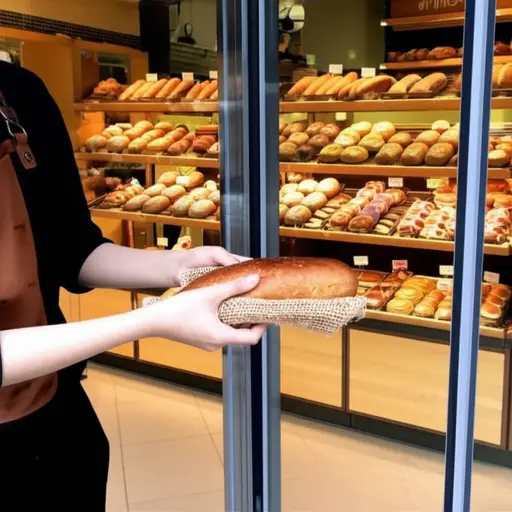 我从（那家）面包店买了一条新鲜的面包。