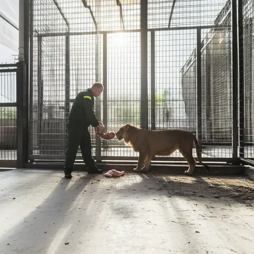 动物园管理员每天早上给狮子喂食。