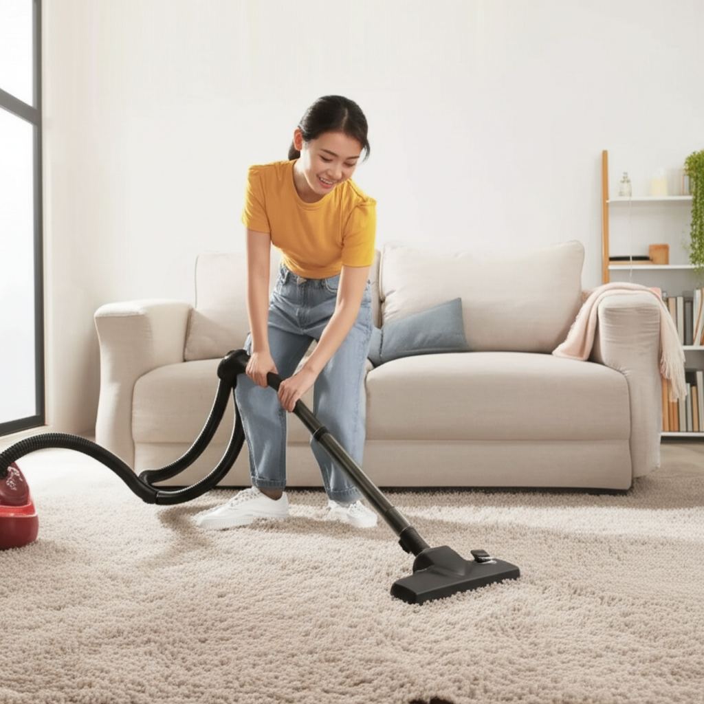 她用吸尘器清理地毯。