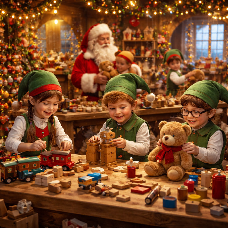 圣诞老人的小精灵们在工坊里忙着制作玩具。
