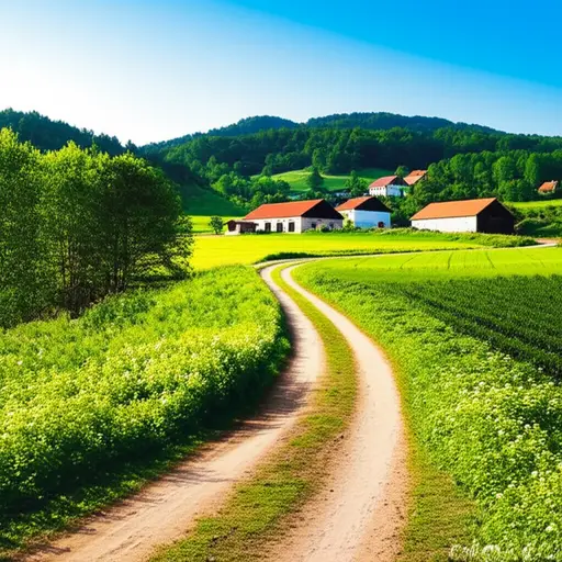 我们徒步穿过一片点缀着农场的宁静景色。