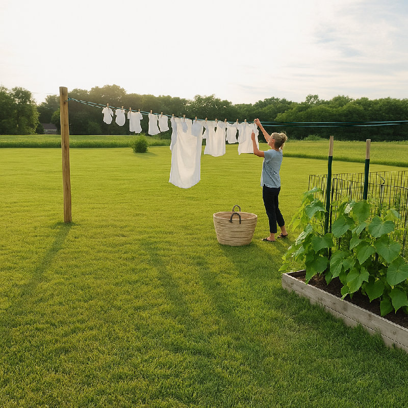 她把衣服挂在晾衣绳上。
