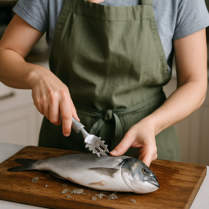 她正在刮鱼鳞。
