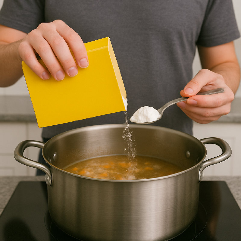 在锅里放一点玉米淀粉让汤变稠。