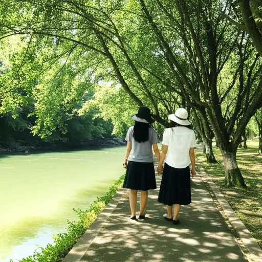 我们沿着河散步。