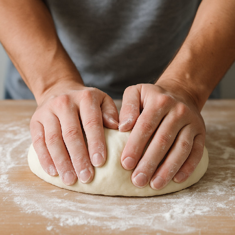 他在揉面准备做馒头。